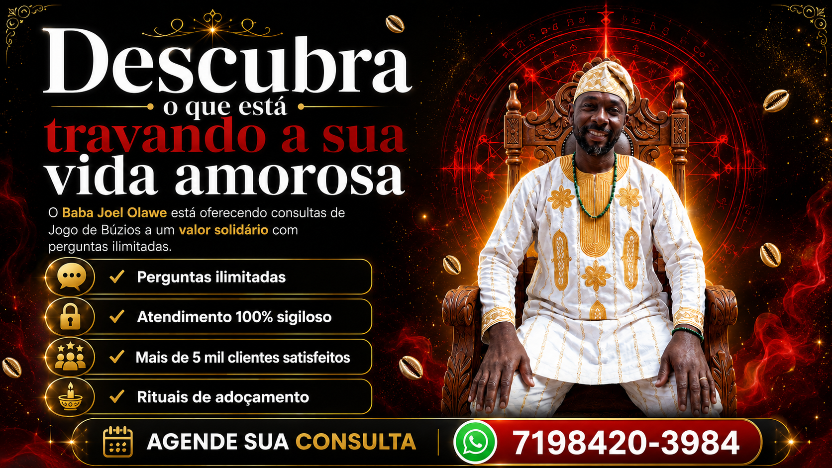 Descubra o que está travando a sua vida amorosa — consulta de Jogo de Búzios com o Baba Joel Olawe
